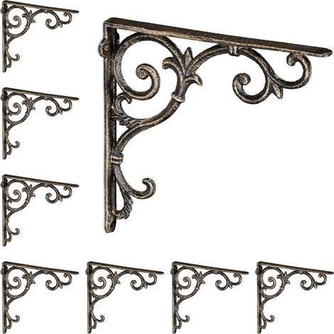 Relaxdays 8x Shelf Brackets, Cast Iron, Rack Support, Vintage Motif, HWD: 24.5 x 4 x 24.5 cm, Angle for Shelves, Bronze