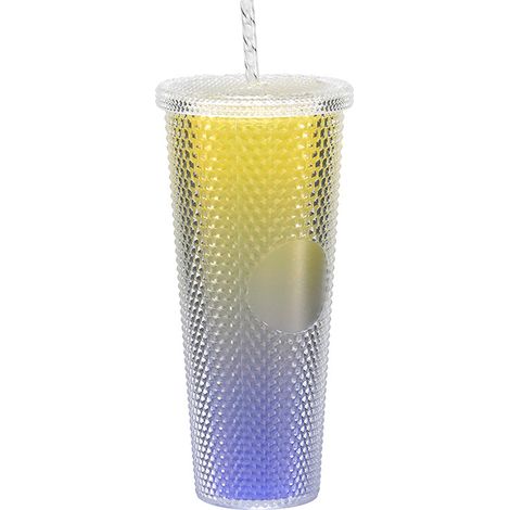 Gobelet à durian en plastique double paroi, design créatif dégradé multicolore, grande capacité, avec paille (1/5)