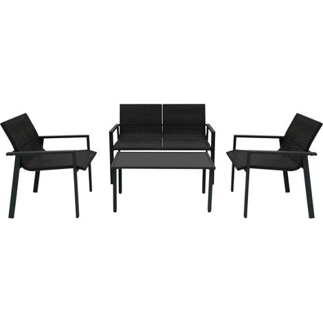 Ensemble de Salon de Terrasse en Rotin Noir 4 Pièces Terrasse Canapé Table Basse Dessus en Verre Polyrotin Tissé à la Machine Fauteuil Intérieur Extérieur Véranda [Housse de Pluie Imperméable INCLUS]