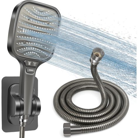 Kit Douche Haute Pression, Pommeau de Douche Anti-Calcaire 120mm 8 Modes + Tuyau 1.5m Inox + Support Sans Perçage, Douchette Économie d'Eau, Compatible Salle de Bain(Gris) (1/5)