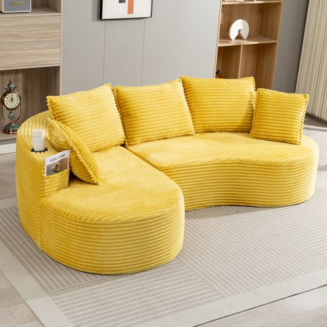 Divano in velluto a coste giallo senape 250x152x82 cm con portabicchieri, tasche laterali e cuscino (1/5)