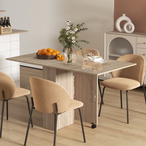 Klappbarer Holztisch mit 2 ausklappbaren Seiten, 2 Ablagen und Rollen für Küche und Esszimmer, 75 x 140 x 74 cm, Naturholz