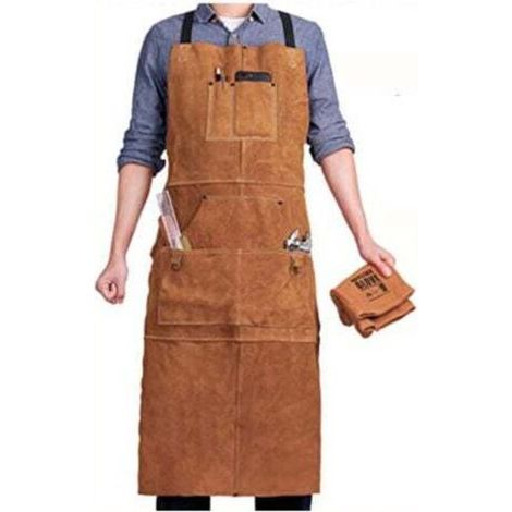Tablier de Soudeur avec 6 Poches, Tablier de Travail en Cuir Anti-Chaleur Ignifuge, Tablier de Menuisier pour Homme Réglable de M à XXXL, Parfait pour Forgeron, Mecanicien, Atelier (1/4)