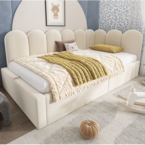 Cama diván tapizada moderna 90x200 cm en terciopelo beige con cabecero, almacenaje hidráulico y somier metálico (1/5)