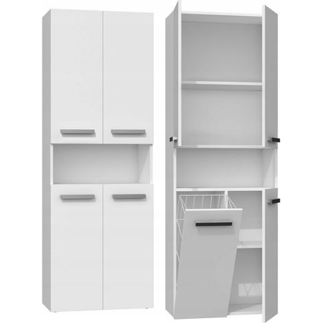 Hucoco – Armoire de salle de bain colonne 174x60x30 cm – 4 étagères fermées – Finition blanche mate – Poignées minimalistes (1/4)