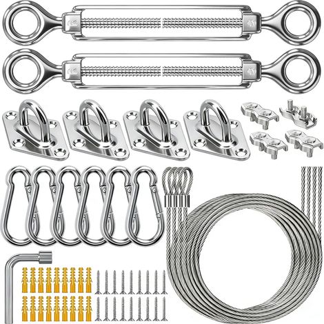Kit de quincaillerie pour voile d'ombrage avec câbles métalliques, tendeurs lourds antirouille en acier inoxydable 304, quincaillerie pour voiles triangulaires et rectangulaires (1/5)