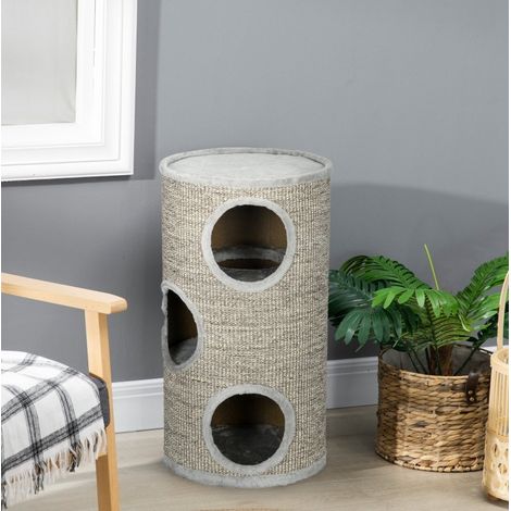 Torre tiragraffi per gatti a 3 livelli, sisal, 38 x 38 x 70 cm, grigio chiaro HAVRYA (1/5)