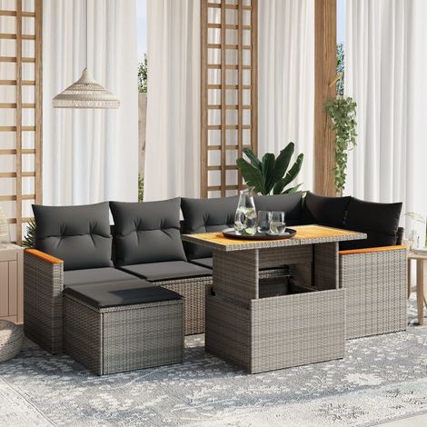Canapé de Jardin Modulable 7 Places en Résine Tressée Gris avec Coussins, Table à Hauteur Réglable et Repose-Pieds (1/3)