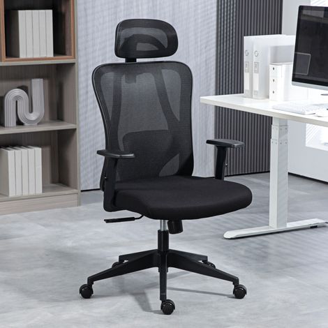 Silla de Oficina Giratoria con Reposabrazos 2D Silla Escritorio Regulable en Altura Reposacabezas Soporte Lumbar y Respaldo Alto Malla Transpirable 67x64x117-127 cm Negro (1/5)
