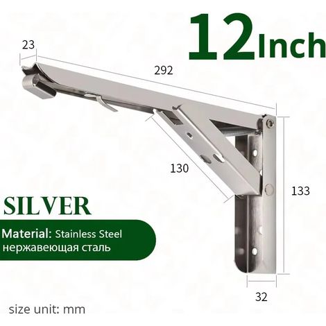 (Argent 30,5 cm - 2 pièces) Support d'étagère pliable (2 pièces) avec charnière autobloquante à 90° pour fixation murale, support de table flottante pliable (1/5)