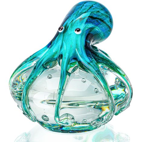 Figurine de Pieuvre Faite à la Main en Verre soufflé Cadeau pour Noël Anniversaire Décoration intérieure Poids en Papier Bleu-Vert (1/5)