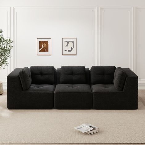 Modulares Ecksofa (297 x 104 x 69 cm), ohne Aufbau, tiefe Sitzfläche, Cordstoff, Schwarz (1/5)
