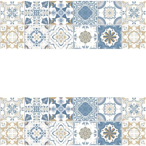(Blau, 15 cm x 15 cm x 24 Stück) Selbstklebende Wandaufkleber mit Mandala-Muster, wasserfestes PVC, Küchenwanddekoration (1/5)
