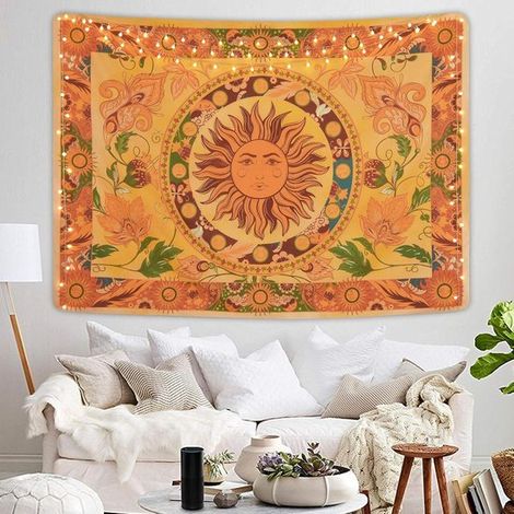 Tapiz Sol Ardiente Flores Primaverales Tapiz Vintage para Pared Tapiz de Constelación Naranja para Dormitorio Sala de Estar 150 x 130 cm (1/5)