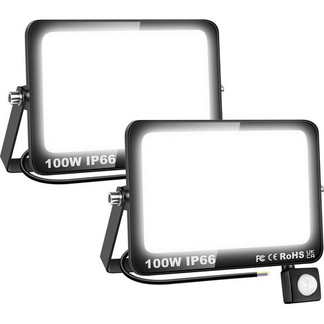 Projecteur Extérieur LED Détecteur de Mouvement PIR, 2pcs 100W 10000LM Blanc Froid 6000K, Spot LED Extérieur Étanche, Éclairage de Sécurite pour Garage Jardin Cour Entrée Parc