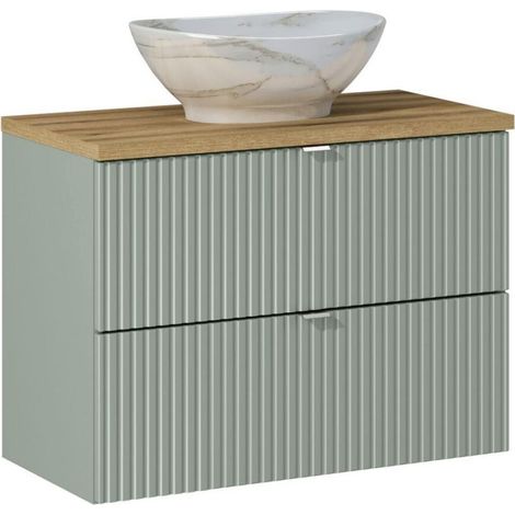 Meuble vasque à poser 80 cm – 2 tiroirs – Vert Roseau – Dimensions H 57 x L 80 x P 39 cm – Installation à monter soi-même – Comad