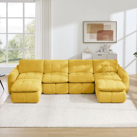 avec 2 poufs jaune, Canapé modulable U 4 places chenille capitonné (1/5)