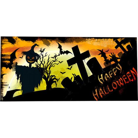 1 Bannière de porte de garage, toile de fond Halloween 180x400 cm, décoration murale extérieure, cimetière fantomatique (1/5)