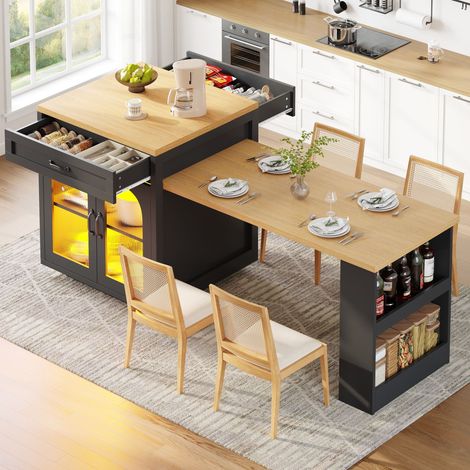 Îlot de cuisine extensible 126-196 cm, buffet, 2 tiroirs et étagères réglables, LED, portes en verre cannelé, rangement multifonction, MDF, Noir (1/5)