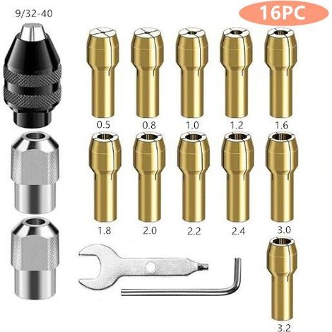16 Pièces Mandrin Compatible avec, Accessoires pour Outil Rotatif, 0,8mm à 3,2mm Remplacement 4486 Mandrin à Changement Rapide, Remplacement 4485 Pince de serrage en laiton Écrou metal (1/5)