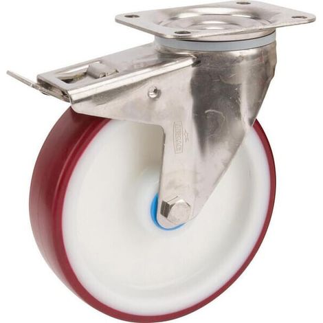 Rueda industrial giratoria en poliuretano: di谩metro160 x 40 mm placa soporte en acero inoxidable con freno: 137 x 105 mm.