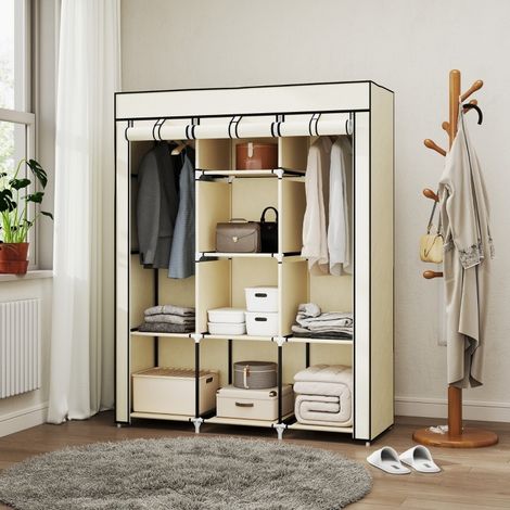 Armario de tela plegable con 2 barras y 8 estantes 103 x 43 x 162,5 cm crema blanco OKWISH (1/5)