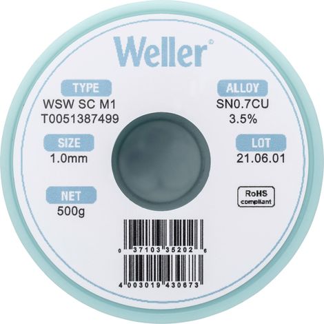 Étain à souder sans plomb Sn0,7Cu 1 mm Weller WSW SC M1 bobine 500 g (1/5)