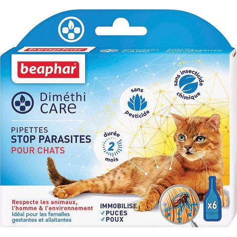Pipette antiparasitaire Diméthicare pour chat – Agit sur puces, tiques et poux – Sans pesticide – Efficacité 2 mois – Lot de 6 pipettes 1 ml – Beaphar
