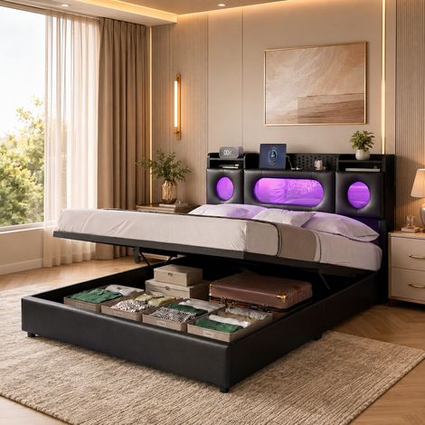 Lit coffre 140×200 cm,lumière LED et port USB,lit double capitonné,rangement hydraulique,cadre de lit 140×200,tête de lit avec rangement,style moderne,sommier à lattes,lit adulte,lit ados,PU,Noir (1/5)