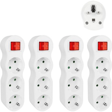 CILIA Lot de 4 Multiprise Murale avec Interrupteur Triplette 3 Prises Schuko Sans Fil Bloc Prise Multiple 16A 3500W Adaptateur Secteur Compact pour Maison, Cuisine, Bureau (Blanc)