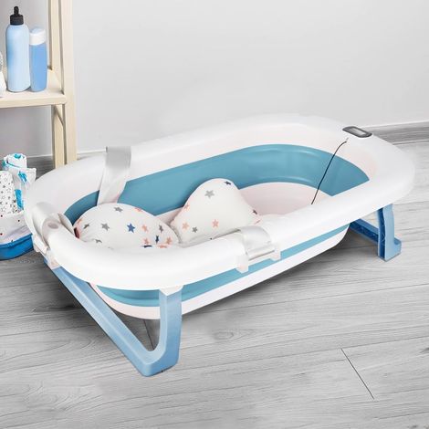 Baignoire Bébé Pliable - 1 Unité - PP+TPE - Thermomètre Digital Et Support Douche - Bain Enfant Sécurisé - Bleu 80x50x23 Cm (1/5)