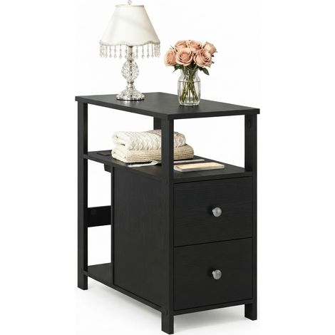 ELVMI Tavolino con 2 Cassetti, 2 Ripiani, 2 Prese e 2 USB, per Soggiorno, in Legno Nero, 60 x 60 x 30 cm (1/5)