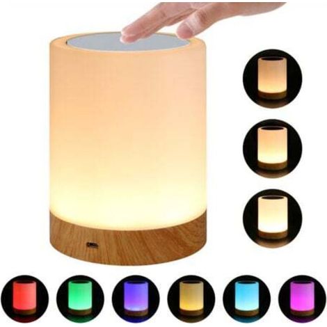 Dimmbare, farbenfrohe LED-Nachttischlampe in kreativer Holzoptik mit Touch-Bedienung
