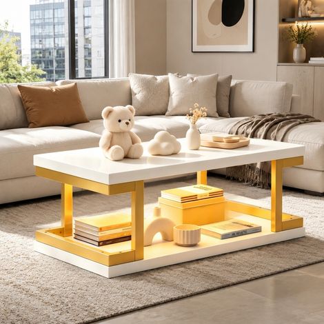 Rechteckiger LED-Couchtisch 100 x 50 x 37,5 cm Weiß und Gold MDF Metall OKMYHOME (1/5)