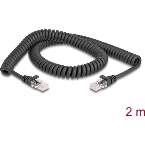 Delock Cable RJ45 en espiral, macho a macho, Cat.5e 2 m, negro