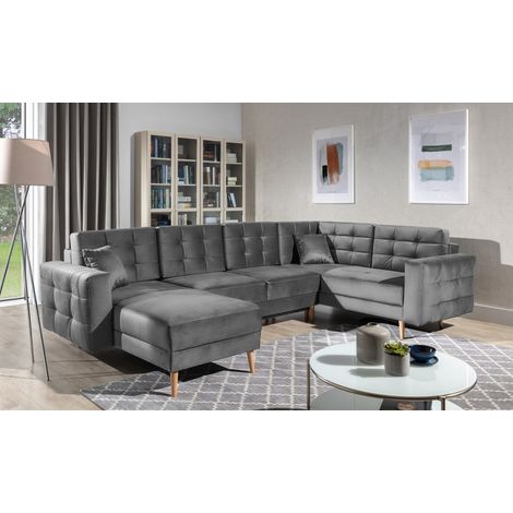 Canapé d'angle panoramique convertible U HASGARD 326 cm gris velours avec coffre
