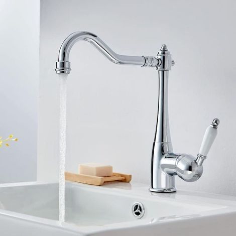 Robinet de Cuisine Elégant Mitigeur Évier Bec Haut Rotation à 360° Robinet Évier de Cuisine Rétro en Laiton Chromé