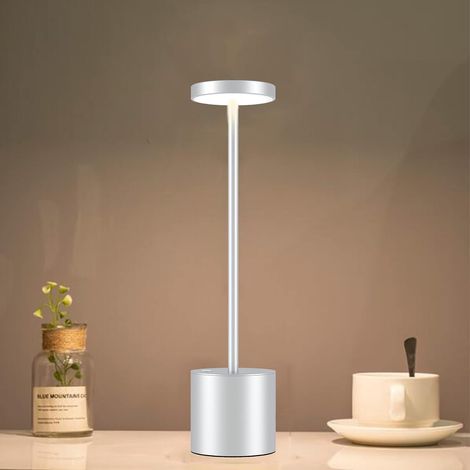 Cordless Table Lamp, 6000mAh Rechargeable Battery, 2 Brightness Levels, Metal Bedside Lamp, for Living Room, Bedroom, Office, Studio (Silver) (1/4)