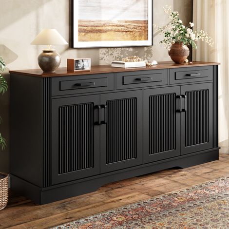 Vetrina 160x40x75 cm con 3 cassetti e 4 ante scanalate, contenitore per soggiorno o sala da pranzo, MDF - nero (1/5)