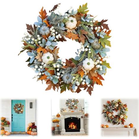 Couronne décorative d'automne 45 cm - feuilles d'érable et citrouilles pour Halloween