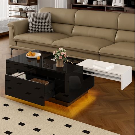 Mesa de centro 80x50x35,5 cm de MDF negro y blanco con LED y almacenaje FloraGrace (1/5)