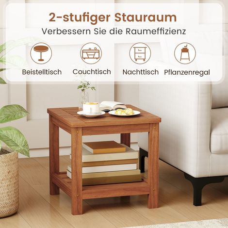 Mesa auxiliar de madera maciza de dos niveles con estante, acabado natural
