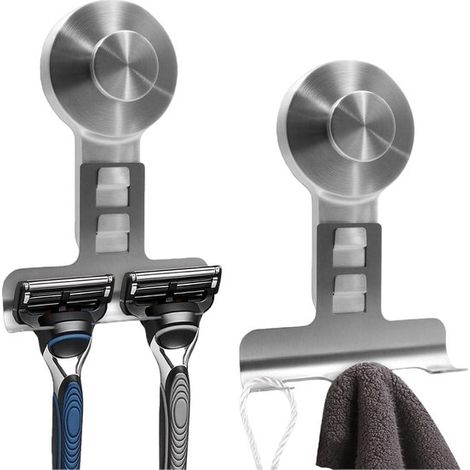 Paquete de 2 ganchos de ducha metálicos impermeables con ventosa y soportes para maquinilla de afeitar integrados.