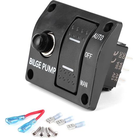 Interrupteur à Bascule de Pompe Cale, Panneau Commutateur Pompe Cale Bascule LED 3 Voies Bateau Bilge Pump Accessoire Auto Arrêt Manuel avec Indicateur Disjoncteur Automatique Intégré 15A (1/5)