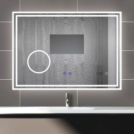 Biubiubath – Miroir lumineux de salle de bain 120x70cm – LED tricolore – anti-buée – Bluetooth – horloge – miroir grossissant 3X – IP44 (1/5)