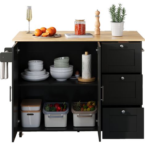 Carrello da Cucina con 2 Ante, 3 Cassetti, Piano Ribaltabile e Ruote per Cucina in MDF Nero e Naturale (1/5)