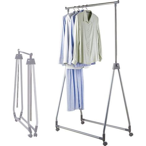 BAKAJI Stand Appendiabiti Singolo Pieghevole Regolabile in Acciaio e Plastica Dura, Aste Telescopiche, con 4 Ruote, Esposizione Negozio, Appendi Abiti Professionale Richiudibile (Grigio) (1/4)