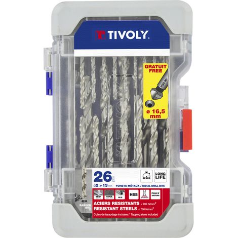 Tivoly • Ranger caja de 26 piezas - 25 brocas para metal HSS, cortadas y rectificadas, punta en cruz Ø 2 a 13 mm + 1 avellanador HSS Ø 16,5 mm  (1/2)