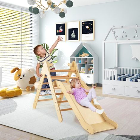Triangle d'escalade enfant en bois naturel 2 en 1 avec échelle et toboggan réglable pour chambre, salle de jeux et jardin (1/5)