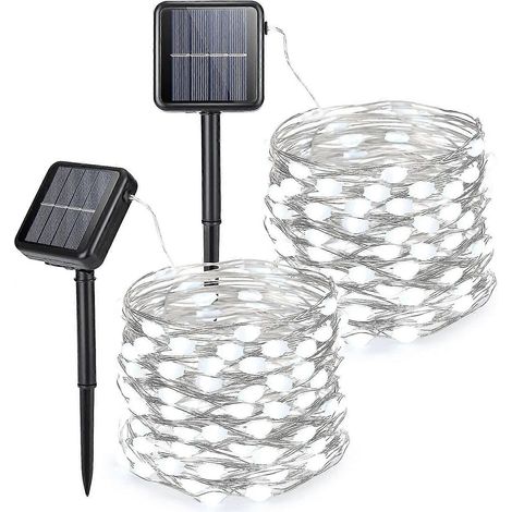 Guirlandes lumineuses solaires [Lot de 2] 9,75 m (32 pi) chacune, 100 LED, étanches, pour décoration extérieure (jardin, terrasse, arbre, mariage, fête). (1/5)